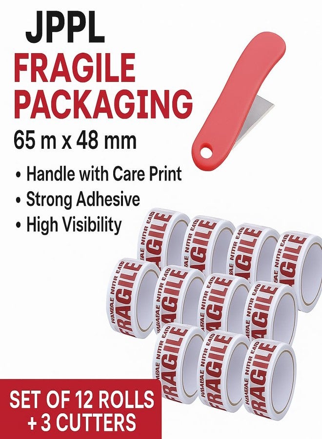 JPPL Fragile Packaging Tape 65m x 48mm (2-Inch) | Set of 12 Rolls | Strong Adhesion, Tear-Resistant BOPP Tape | Packaging Material for E-Commerce, Courier & Small Business Parcel Sealing - Image 4