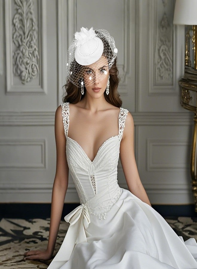 Fumwase Tea Party Hats 20s 50s Vintage Fascinators Tea Party Hats with Feather Mesh Veil for Women Wedding Tea Party Halloween Costume Party Fascinators (US, Alpha, One Size, White) - Image 5