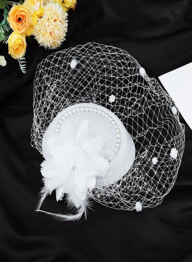 Fumwase Tea Party Hats 20s 50s Vintage Fascinators Tea Party Hats with Feather Mesh Veil for Women Wedding Tea Party Halloween Costume Party Fascinators (US, Alpha, One Size, White) - Image 4