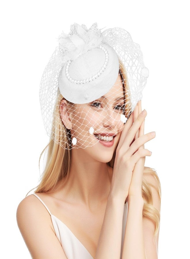 Fumwase Tea Party Hats 20s 50s Vintage Fascinators Tea Party Hats with Feather Mesh Veil for Women Wedding Tea Party Halloween Costume Party Fascinators (US, Alpha, One Size, White) - Image 1