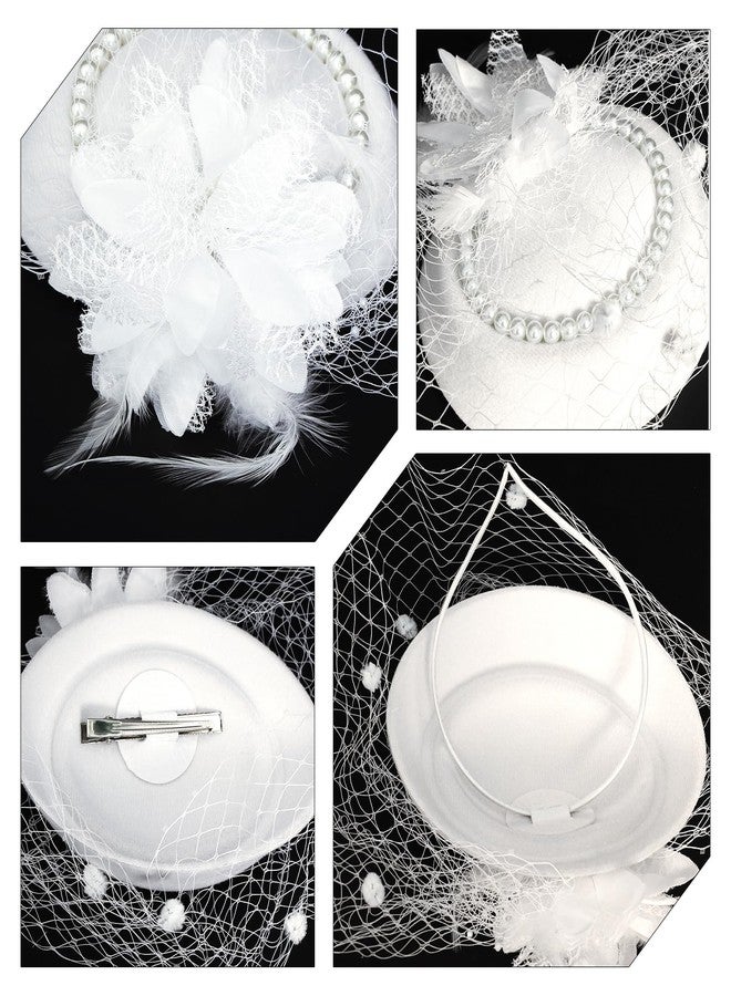 Fumwase Tea Party Hats 20s 50s Vintage Fascinators Tea Party Hats with Feather Mesh Veil for Women Wedding Tea Party Halloween Costume Party Fascinators (US, Alpha, One Size, White) - Image 3