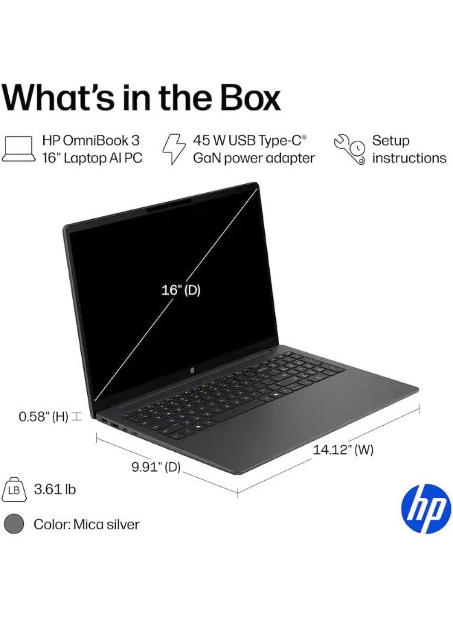 HP OmniBook 3 16-BU0007DX 16" 2K Touchscreen Laptop with Intel Core Ultra 7 255U (2025), 512GB SSD, 16GB RAM, Mica Silver English Mica Silver - Image 4