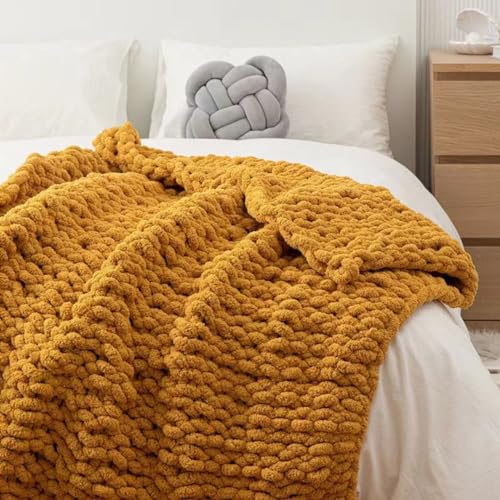 MocaDng Chunky Knit Blanket Throw 40"*60", Hand Knitted Warm Chenille Throw Blanket, Home Decor Soft Thick Yarn Cable Knit Blanket,Soft Breathable Fleece Banket Christmas for Couch Bed Sofa Best Gift (Yellow) - Image 3