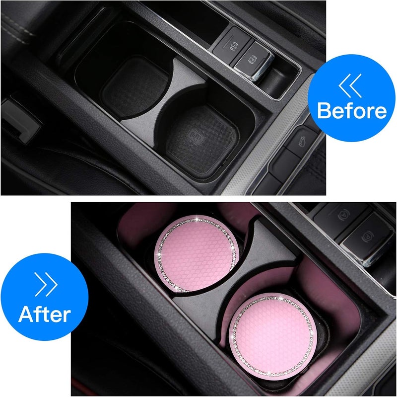 ACODABLEM 2 Pack Bling Cup Holder Insert Coasters, 2.75 Inch Soft Crystal Rhinestone Rubber Pad Set Round Auto Drink Coaster Car Interior Accessories (Pink) - Image 2