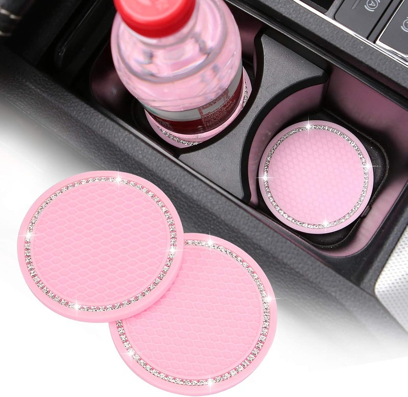 ACODABLEM 2 Pack Bling Cup Holder Insert Coasters, 2.75 Inch Soft Crystal Rhinestone Rubber Pad Set Round Auto Drink Coaster Car Interior Accessories (Pink) - Image 1