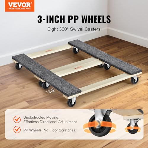 VEVOR Hardwood Furniture Moving Dolly 30 in x 18 in 4 x 3 PP Swivel Casters Heavy Duty Wooden Mover Dollies Moving Cart with Wheels for Heavy Furniture 1000 lbs Capacity 2 Pack - Image 3