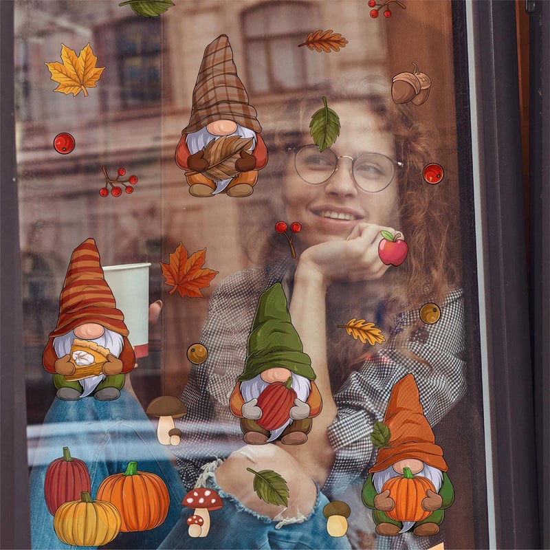 WALPLUS Thanksgiving Autumn Fall Window Clings for Glass Windows Stickers Fall Leaves Seasonal Decorations for Kids Fall Window Decor and Clearance Thanksgiving Gnomes - Image 4