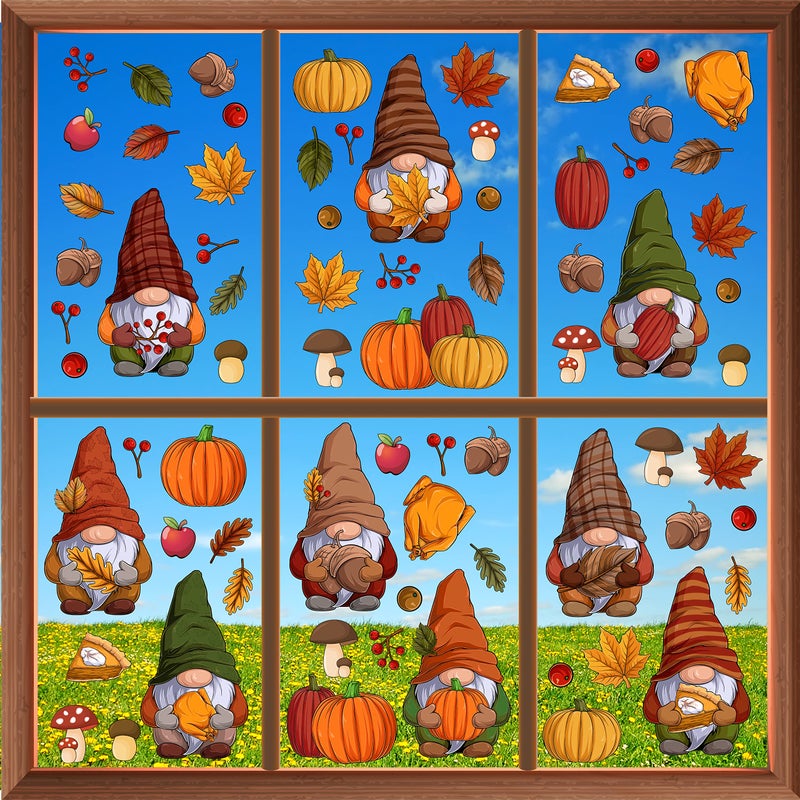 WALPLUS Thanksgiving Autumn Fall Window Clings for Glass Windows Stickers Fall Leaves Seasonal Decorations for Kids Fall Window Decor and Clearance Thanksgiving Gnomes - Image 2