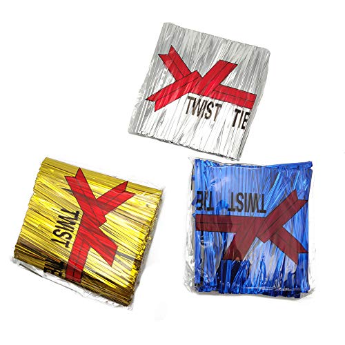 Esslly Aluminum Twist Tie Ribbon Strips for Gift Packaging, 900 Pieces in Gold, Silver, Blue - Perfect for Securing Bags, Bows, and Decorations. Ideal for Crafts & Gifts. - Image 1
