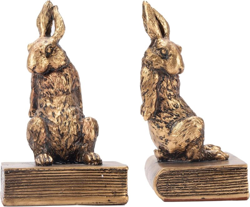 Rabbit Bookends: Old Gold Cast Iron, 6.42 X 6.29 X 4.13 Inches, Sturdy Heavy Duty Support - Lifelike Decorative Accent, Multifunctional Organizer for Home Office, Living Room, Bibliophiles - Image 1
