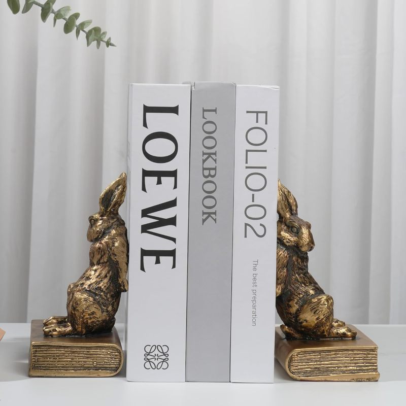 Rabbit Bookends: Old Gold Cast Iron, 6.42 X 6.29 X 4.13 Inches, Sturdy Heavy Duty Support - Lifelike Decorative Accent, Multifunctional Organizer for Home Office, Living Room, Bibliophiles - Image 5