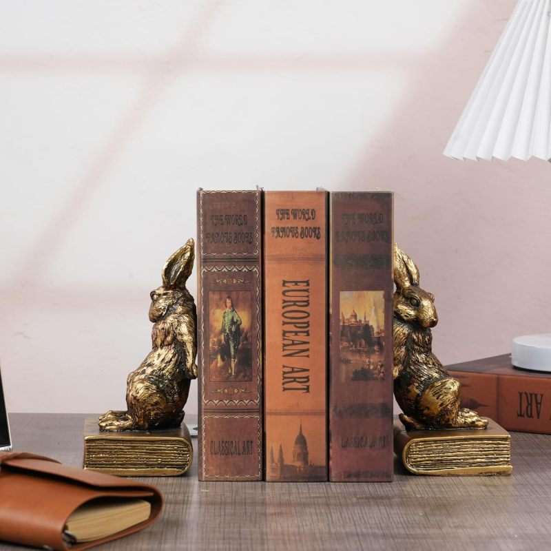 Rabbit Bookends: Old Gold Cast Iron, 6.42 X 6.29 X 4.13 Inches, Sturdy Heavy Duty Support - Lifelike Decorative Accent, Multifunctional Organizer for Home Office, Living Room, Bibliophiles - Image 3
