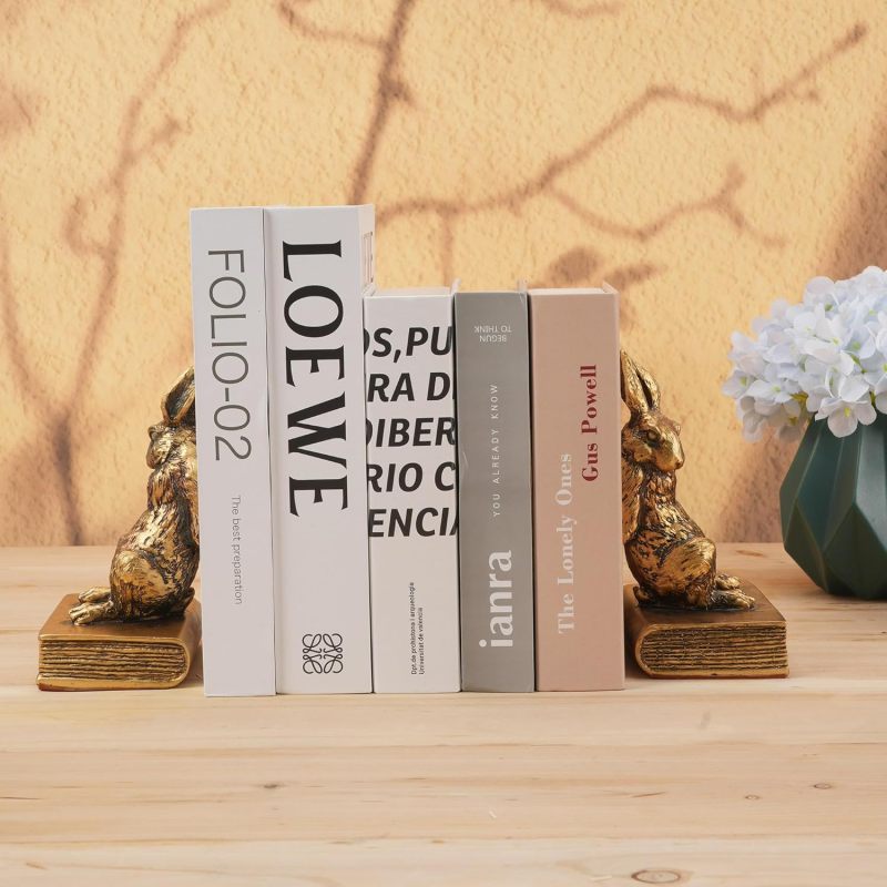 Rabbit Bookends: Old Gold Cast Iron, 6.42 X 6.29 X 4.13 Inches, Sturdy Heavy Duty Support - Lifelike Decorative Accent, Multifunctional Organizer for Home Office, Living Room, Bibliophiles - Image 2