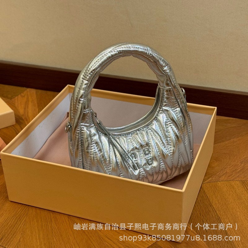Fashion All-Match Fresh Sweet Style Pleated Soft Hand-Held Underarm Shoulder Crossbody Crescent Hobo Bag - Image 1