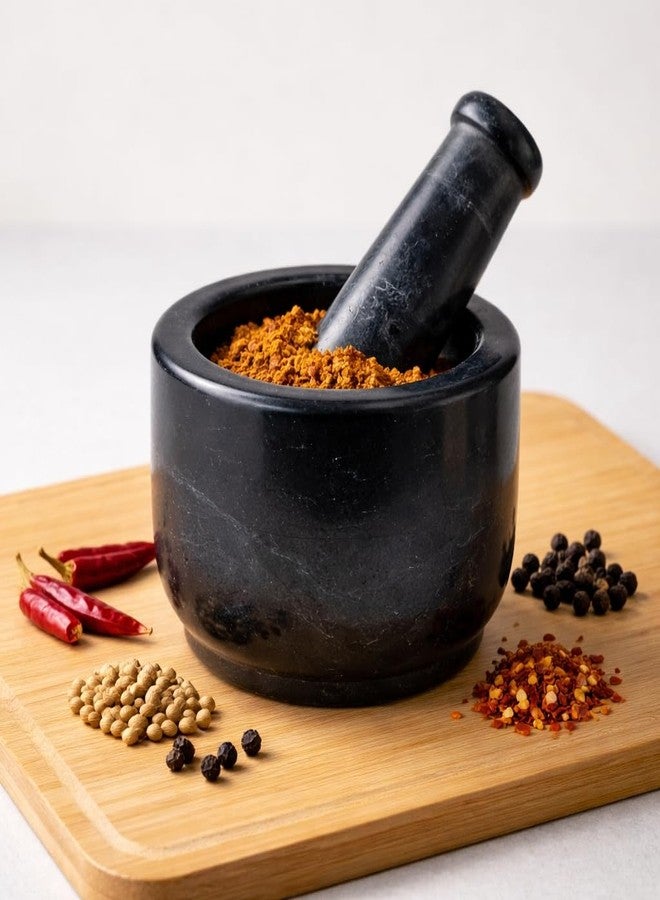 Jaipur Ace Natural Black Marble Mortar and Pestle Set (4 x 3 Inch) | Imam Dasta, Khalbatta Stone, SIL Batta for Chutney | Grinder for Kitchen | Heavy Duty Grinding - Image 1