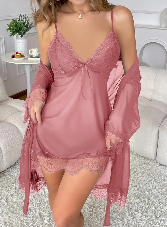 Take Two Pink Lace Trim Satin Slip and Robe Set