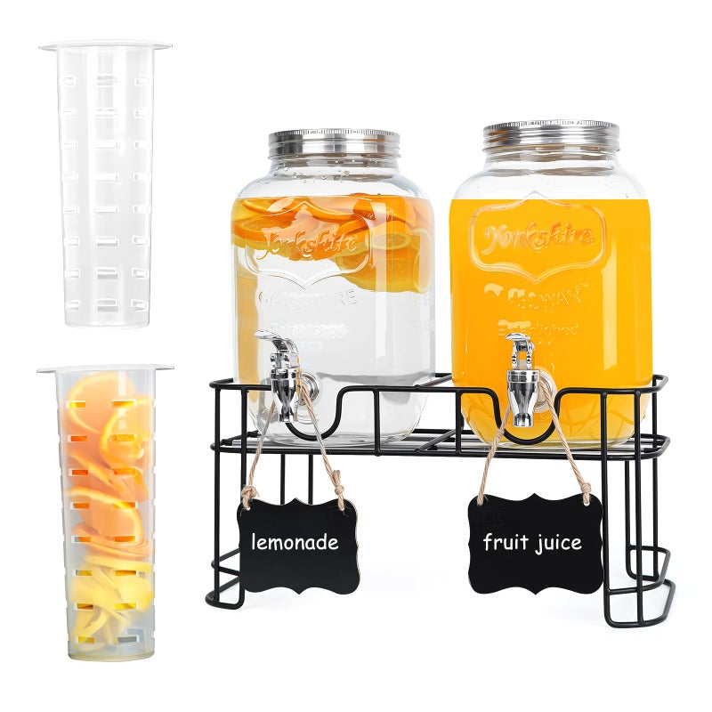 2Pack 1 Gallon Glass Drink Dispensers for Parties  LeakProof Beverage Dispenser with Stand Spigot Ice Cylinder  Chalkboard Labels  Perfect for Lemonade Iced Tea and Party Drinks