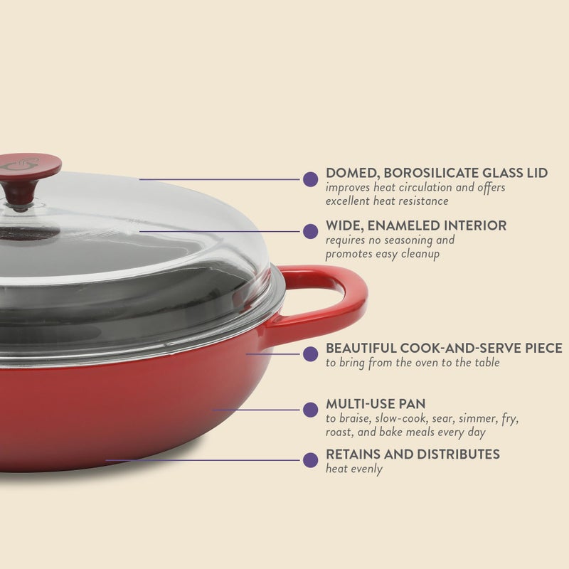 Crock-Pot طاجن كروك بوت آرتيزان سعة 5 لترات من الحديد الزهر المينا مع غطاء زجاجي بوروسيليكات آمن للاستخدام في الفرن، مقلاة مغطاة للاستخدام اليومي للشواء، التحميص، والخبز، باللون الأحمر - Image 3