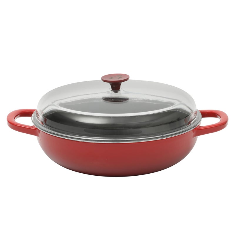 Crock-Pot طاجن كروك بوت آرتيزان سعة 5 لترات من الحديد الزهر المينا مع غطاء زجاجي بوروسيليكات آمن للاستخدام في الفرن، مقلاة مغطاة للاستخدام اليومي للشواء، التحميص، والخبز، باللون الأحمر - Image 1