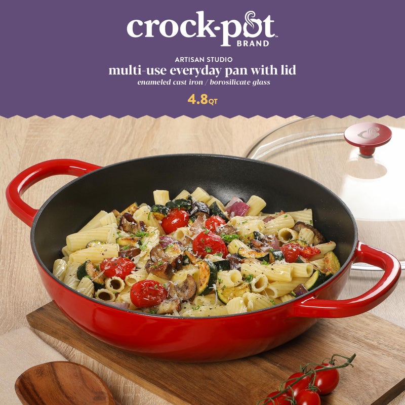 Crock-Pot طاجن كروك بوت آرتيزان سعة 5 لترات من الحديد الزهر المينا مع غطاء زجاجي بوروسيليكات آمن للاستخدام في الفرن، مقلاة مغطاة للاستخدام اليومي للشواء، التحميص، والخبز، باللون الأحمر - Image 2