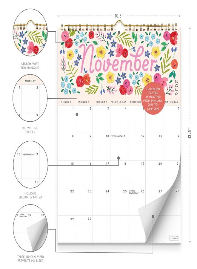 Sweetzer & Orange S&O Five Color Floral Wall Calendar from January 2026-June 2027 - Tear-Off Monthly Calendar - 18 Month Academic Wall Planner - Hanging Organizer to Track Anniversaries & Appointments - 13.5"x10.5”in - Image 3