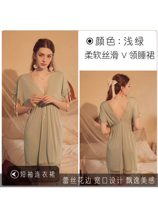 Plus Size V-Neck Ice Silk Nightdress – Short Length, Slimming