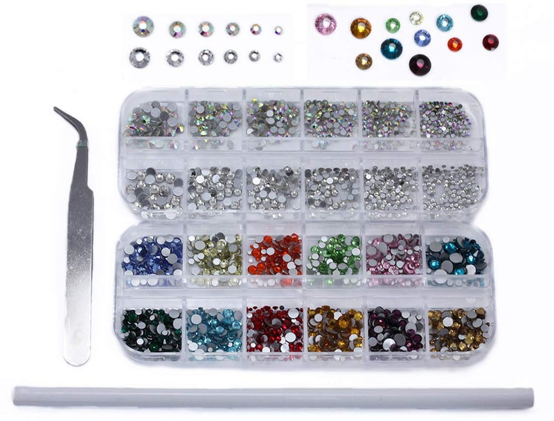 Allstarco Over 2000 Pieces Flat Back Gems Nail Art Round Crystal Rhinestones 6 Sizes 15mm6mm Pick Up Tweezer Pick Up Pencil for Crafts Face Jewels DIY Embellishments