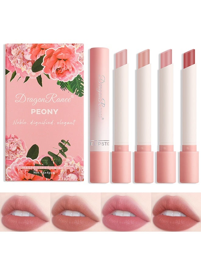 Dragon Ranee 4Pcs Matte Lipstick Set, Moisture Lip Glossy Waterproof Long Lasting Lip liner Set Lipstick for Women Makeup (Peony) - Image 1