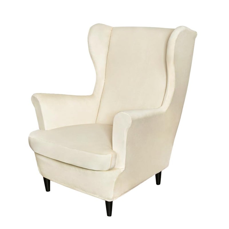 PENDEJATO Wing Chair Slipcovers 2 Piece Stretch Wingback Chair Cover Soft Velvet Armchair Slipcovers for Living Room Bedroom Light Beige