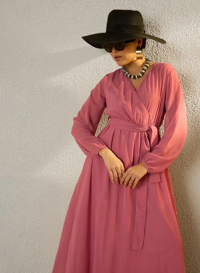 ساسافراس Pink V-Neck Belted A-Line Maxi Dress