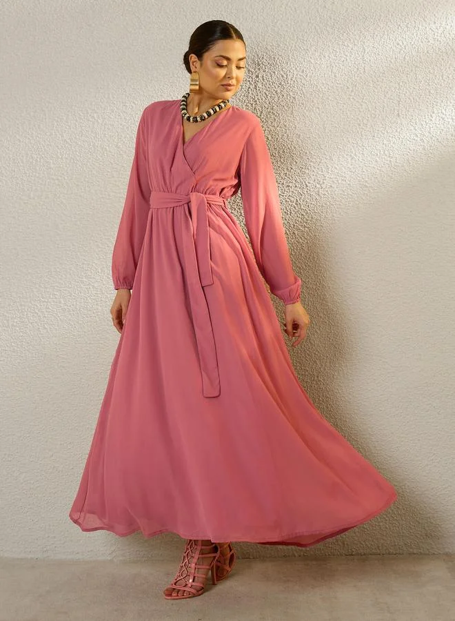 Sassafras dusty rose Pink V-Neck Belted A-Line Maxi Dress for Women | Best Price UAE