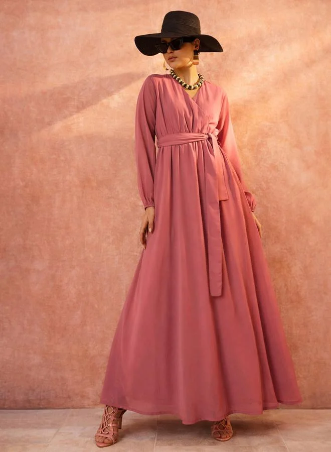 ساسافراس Pink V-Neck Belted A-Line Maxi Dress