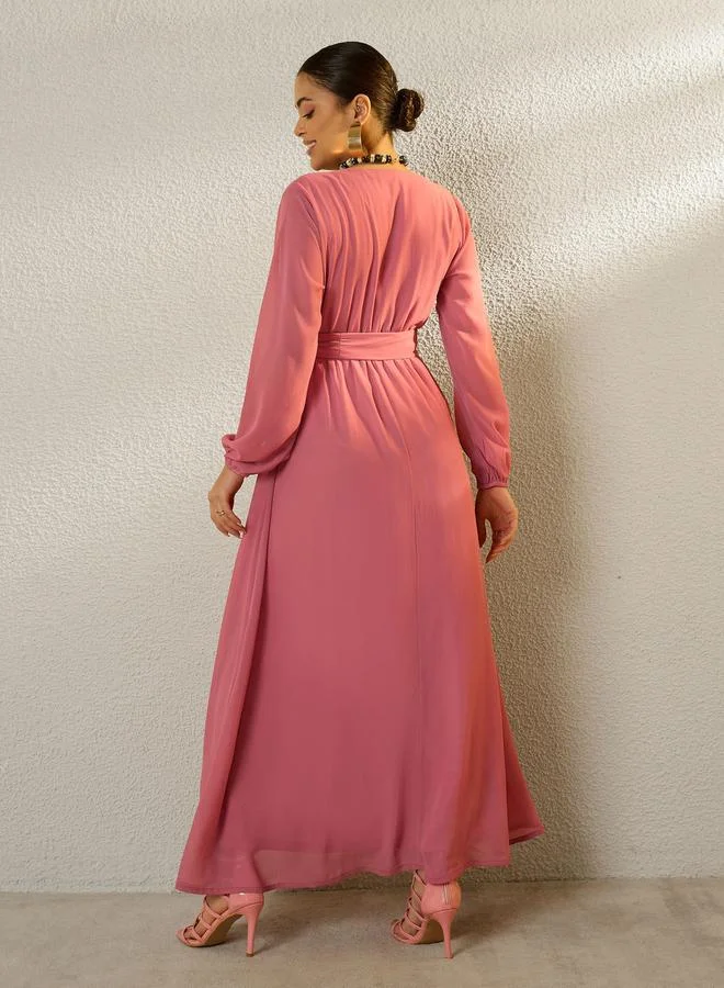 Sassafras dusty rose Pink V-Neck Belted A-Line Maxi Dress for Women | Best Price UAE