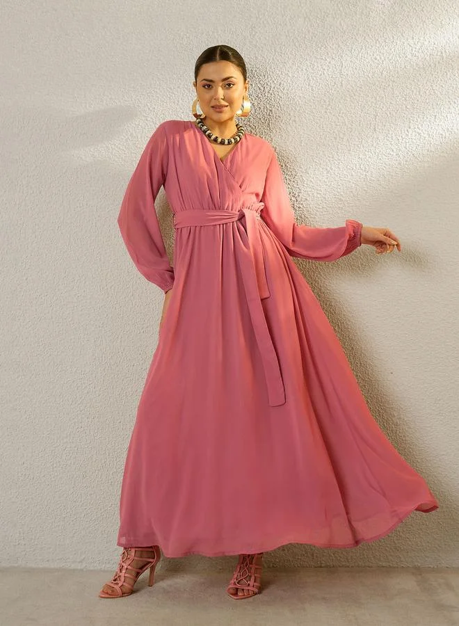 Sassafras dusty rose Pink V-Neck Belted A-Line Maxi Dress for Women | Best Price UAE