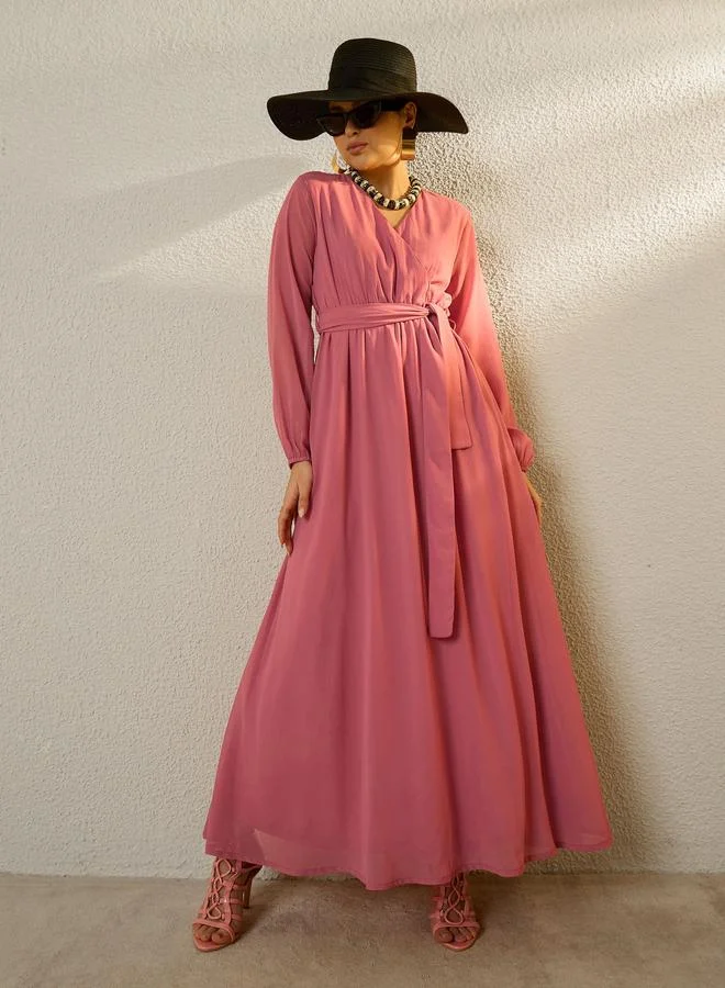 Sassafras dusty rose Pink V-Neck Belted A-Line Maxi Dress for Women | Best Price UAE