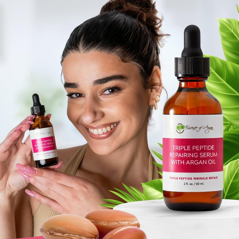 Essence of Argan Triple Peptide Serum for Face with Argan Oil, Aloe Vera, Chamomile, Green Tea and Olive Oil - For Deep Moisturizing and Glowing Skin - 2fl.oz/60ml - Image 3