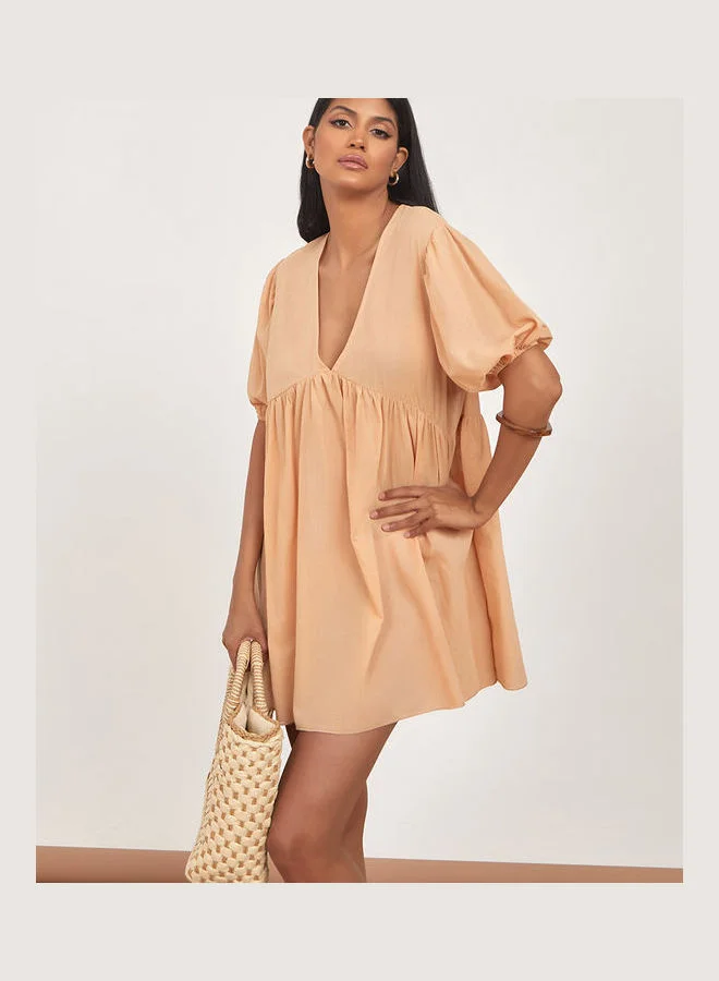 Styli Woven V Neck Short Sleeves Smock Beach Dress