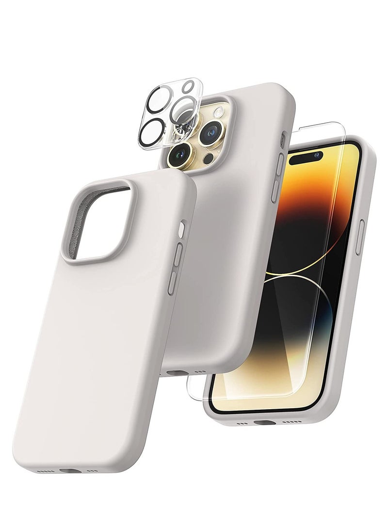 ELTRAZONE [5 in 1] for iPhone 14 pro max Case, with 2 Pack Screen Protector + 2 Pack Camera Lens Protector, Slim Liquid Silicone Phone Case 6.7 Inch, [Anti-Scratch] [Drop Protection], Stone - Image 1