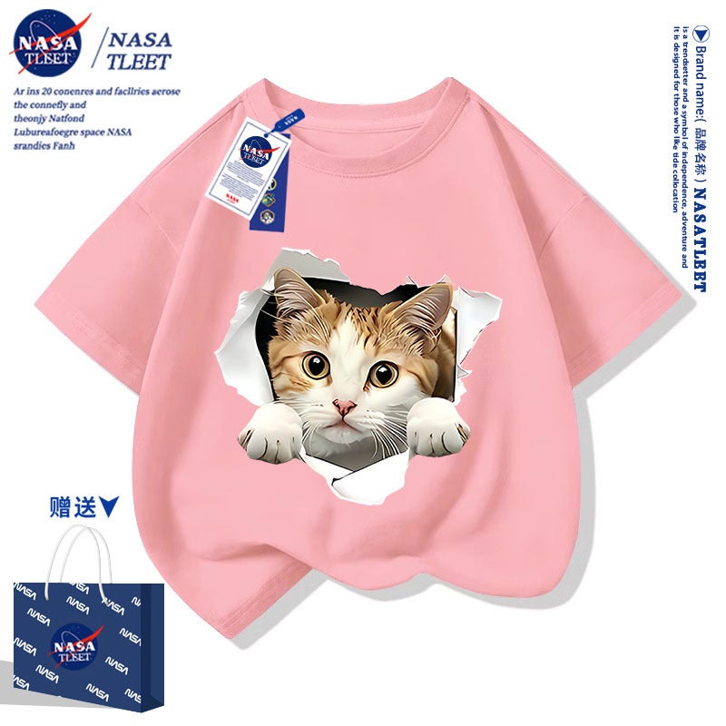 Nasa Short-Sleeved New Cartoon Cartoon Loose Casual Short-Sleeved Summer Men'S And Women'S Children'S Western Style Cat T-Shirt Trendy - Image 1