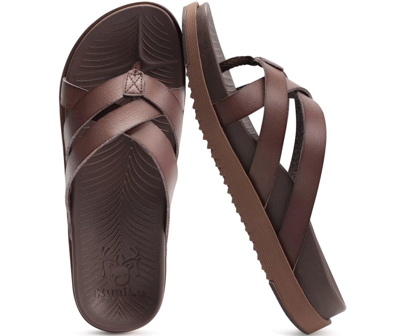 KuaiLu Womens Dressy Orthotic Flip Flops Trendy Comfortable Cushion Recovery Walking Leather Thong Sandals Ladies Yoga Memory Foam Summer Pool Beach Slip on Plantar Fasciitis Arch Support Brown 7 - Image 1