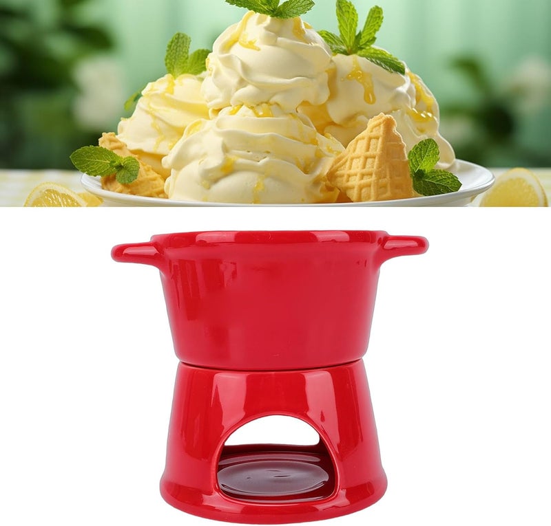 300ml Ceramic Chocolate Fondue Mug, Butter Warmer Pot, Stainless Steel Fork Dipping Pot for Melting Cheese Chocolate Broth, Ideal for Kitchen Dessert Snacks (Red) - Image 3