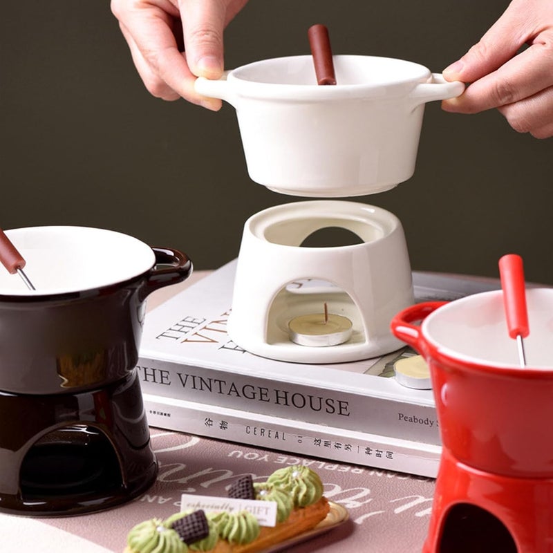 300ml Ceramic Chocolate Fondue Mug, Butter Warmer Pot, Stainless Steel Fork Dipping Pot for Melting Cheese Chocolate Broth, Ideal for Kitchen Dessert Snacks (Red) - Image 4