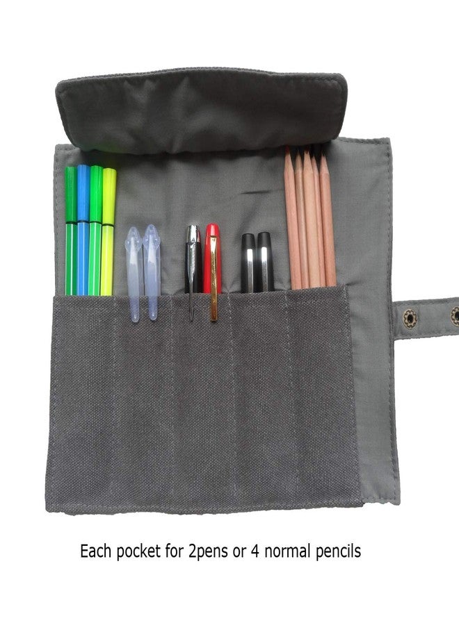 Enyuwlcm Canvas Stationery Handmade Rollup Pencil Case Travel Fountain Pen Organizer Bag Pencil Wrap Gray - Image 2
