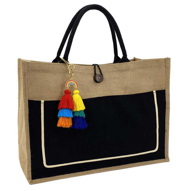 Hibala Woven Large Beach Bag Straw Beach Tote Handmade Weaving Shoulder Tassel Bag Handbag (Black) - Image 1