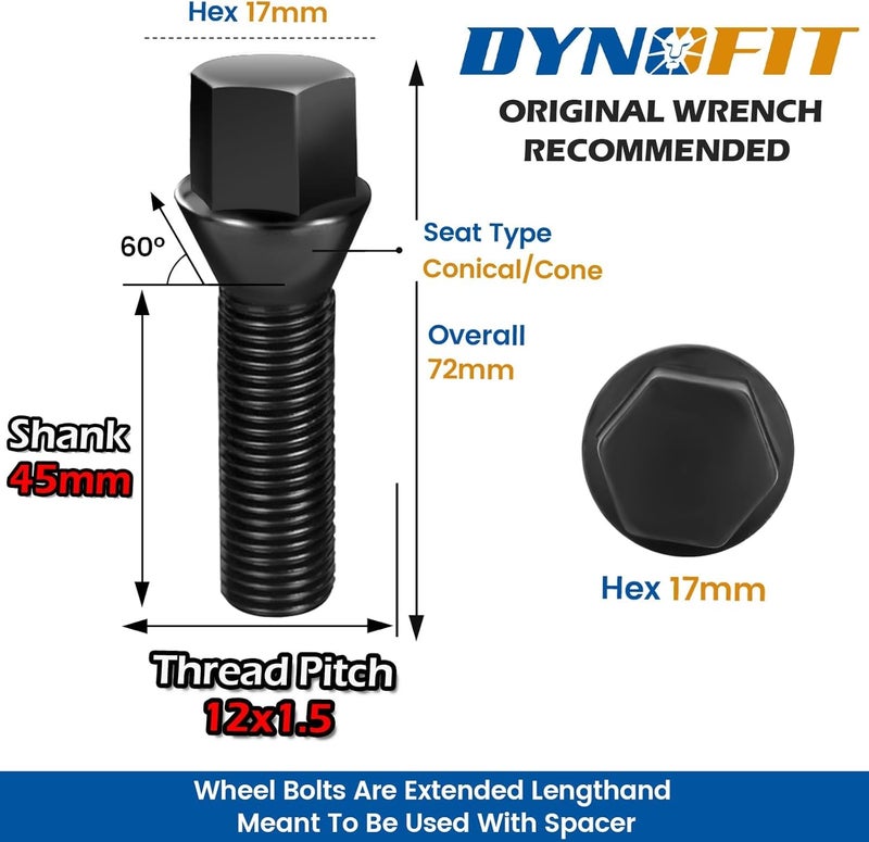 dynofit Store M12x1.5 ET Lug Bolts Set Compaible with BMW E82 E88 E91 E92 E93, 45mm Shank Extended Aftermarket Wheel Bolts for E36 E30 E90 E28 E34 E23, 12x1.5 Conical Seat Shiny Bolts/Studs for 20mm Spacer - Image 2