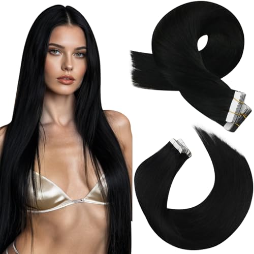 Moresoo Black Tape in Hair Extensions Human Hair Invisible PU Tape in Extensions Straight Glue in Extensions Remy Human Hair Extensions Glue in Straight Hair 18 Inch 1 20pcs 50g