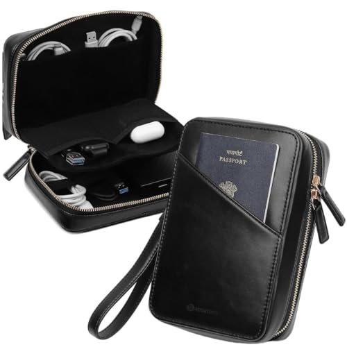 GadgetBite Faux Leather Travel Accessories Organiser Portable Gadget Storage Bag for Passport IDs USB Cable Earphone Power Bank Charger Hard Disk & Digital Gadgets Regular Zippered Tech Kit - Black - Image 1