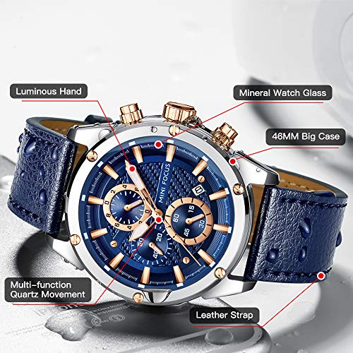 MF MINI FOCUS Mens Watch Business Casual Wrist Watches (Multifunction/Waterproof/Luminous/Calendar) Blue Leather Strap Fashion Watch for Men - Image 2