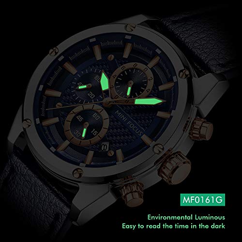 MF MINI FOCUS Mens Watch Business Casual Wrist Watches (Multifunction/Waterproof/Luminous/Calendar) Blue Leather Strap Fashion Watch for Men - Image 4