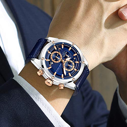 MF MINI FOCUS Mens Watch Business Casual Wrist Watches (Multifunction/Waterproof/Luminous/Calendar) Blue Leather Strap Fashion Watch for Men - Image 3